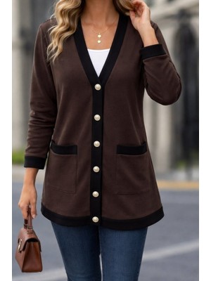 Kadın Uzun Kollu Cepli Önden Düğmeli Uzun Modal Ceket Hırka