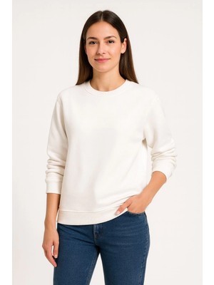 Asmedo Kadın 3 Iplik Pamuklu Düz Bisiklet Yaka Sweatshirt - Beyaz