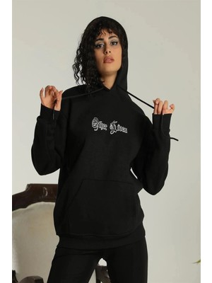 Asmedo Kadın Oversize Kapüşonlu Cepli Baskılı 3 Iplik Pamuklu Hoodie Sweatshirt - Siyah