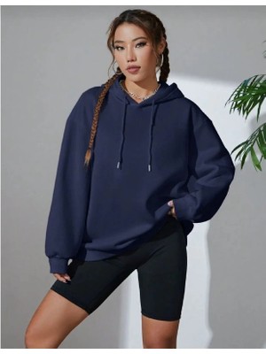 Asmedo Kadın Kapüşonlu Kanguru Cepli 3 Iplik Pamuklu Oversize Hoodie Sweatshirt - Lacivert