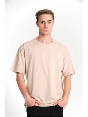 Asmedo Erkek Düz Tişört Bisikilet Yaka Kısa Kol Oversize T-Shirt - Bej