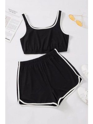 Pileli Store Pilelistore Kadın Siyah Askılı Crop Top ve Şortlu Gecelik Takım