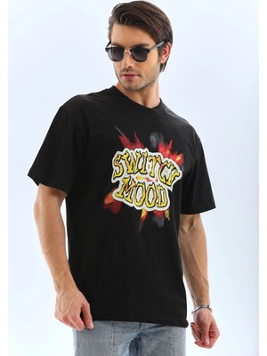 Asmedo Erkek Kısa Kol Yazlık Tişört Bisiklet Yaka Baskılı Oversize T-Shirt - Siyah