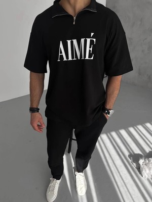 Asmedo Erkek Tişört Yakalı Yarım Fermuarlı  kısa Kol Baskılı T-Shirt - Siyah
