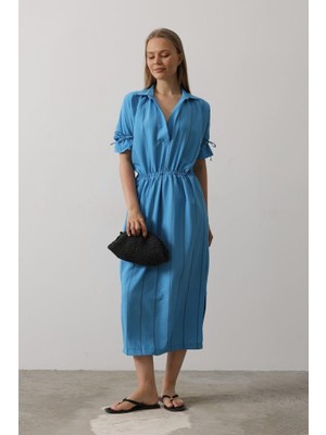 Beli Lastikli Elbise - Mavi