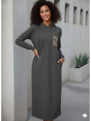 Kadın Uzun Kollu Kapşonlu Cep Detaylı Viskon Iki Iplik Maxi Elbise