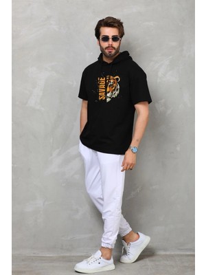 Asmedo Erkek Kapüşonlu Kısa Kol Oversize Baskılı T-Shirt - Siyah
