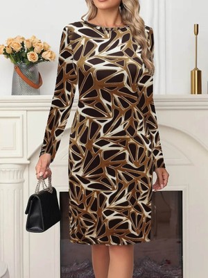 Kadın Uzun Kollu Bisiklet Yaka Desenli Dalgıç Kısa Elbise