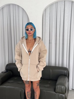Pileli Store Oversize Tam Fermuarlı Uzun Kol Hırka - Bej -