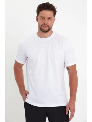 Asmedo Erkek Düz Penye Tişört Bisiklet Yaka Kısa Kol Regular Fit T-Shirt - Beyaz