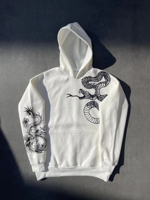 Pileli Store Uzun Kol Kapüşonlu Baskılı Sweatshirt - Beyaz -