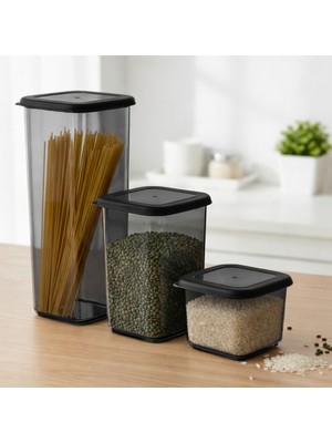 Veloxa 3'lü Kare Erzak Saklama Kabı Seti - Füme Antrasit Hava Almaz Mutfak Düzenleyici Bakliyat Kabı Beyaz