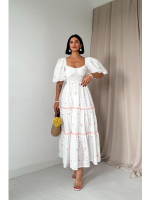 Pudra Dantel Detaylı Brode Elbise