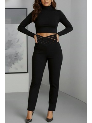 Kadın Yüksek Bel Çapraz Şerit Detaylı Ithal Krep Pantolon