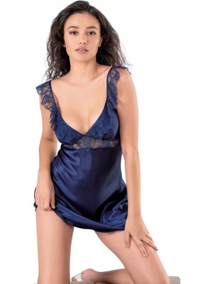 Pileli Store Pilelistore Lacivert Kısa Saten Gecelik