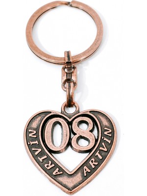 Moncuk Design Artvin "08" Temalı Antik Bakır Renk Metal Kalp Anahtarlık - Özel Tasarım & Hediyelik