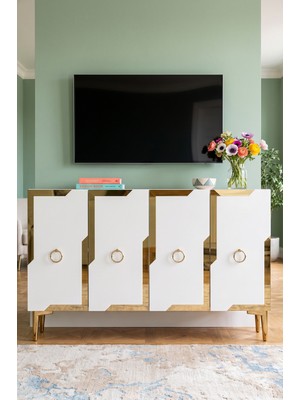 Yumedi Design KA1233BG - Yuba Konsol, Tv Sehpası, Çok Amaçlı Dolap ve Kahve Köşesi 120CM Beyaz-Gold