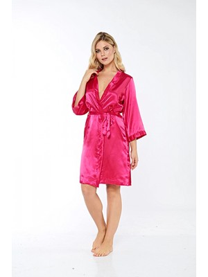Pileli Store Fuşya Ipek Saten Sabahlık - 14007