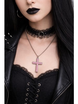 Herşey Nota Pembe Gotik Haç Kolye Gümüş Renk Zincirli Unisex