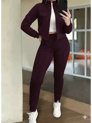 Kadın Uzun Kollu Önden Fermuarlı Kısa Modal Mor Ceket ve Pantolon Ikili Takım