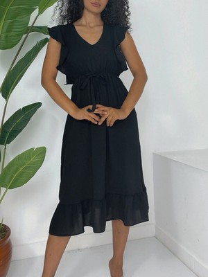 Moda Morfo Omuzu Fırfırlı Beli Lastikli Sıfır Kol Midi Boy Ayrobin Elbise -Siyah