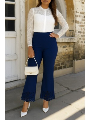 Kadın Yüksek Bel Paçaya Doğru Genişleyen Lazer Çiçek Kesim Detaylı Ithal Krep Pantolon