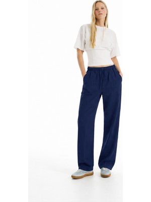 Damga Kadın Günlük Yazlık Trend Bol Lacivert Keten Pantolon