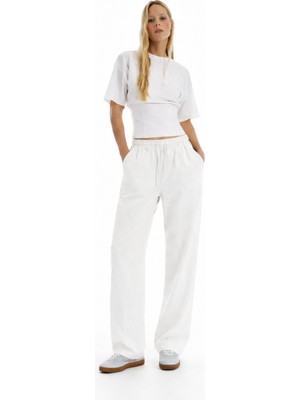 Damga Kadın Günlük Yazlık Trend Bol Beyaz Keten Pantolon