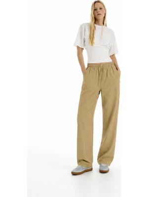 Damga Kadın Günlük Yazlık Trend Bol Bej Keten Pantolon