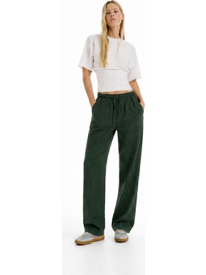 Damga Kadın Günlük Yazlık Trend Bol K.haki Keten Pantolon