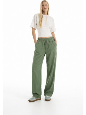 Damga Kadın Günlük Yazlık Trend Bol Yeşil Keten Pantolon