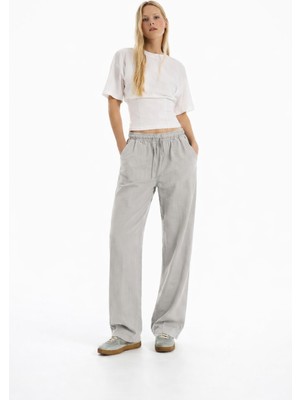 Damga Kadın Günlük Yazlık Trend Bol Gri Keten Pantolon