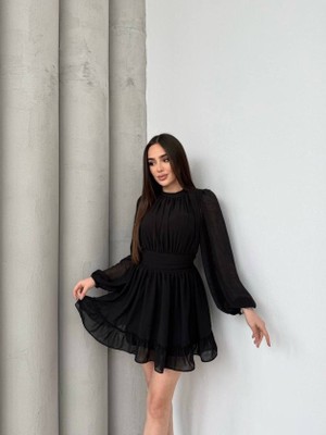 Kadın Yarım Balıkçı Yaka Kolları Transparan Astarlı Full Şifon Elbise