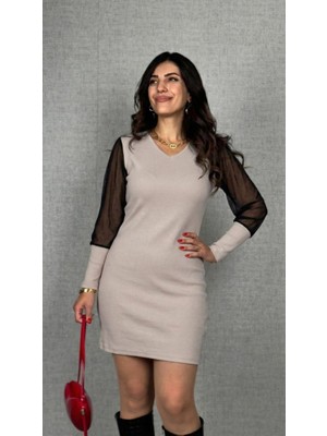 Kadın Uzun Kollu V Yakalı Tül Detaylı Mini Kaşkorse Elbise