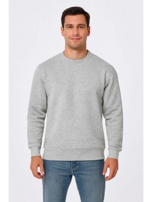 Pileli Store Üç Iplik Düz Bisiklet Yaka Sweatshirt - Gri -
