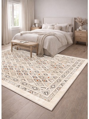 Lioara Home Modern Geometrik Desenli Bej Halı | Iskandinav Stil Kaymaz Taban Salon & Yatak Odası Halısı