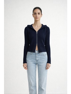 Iperia Fermuarlı Kapüşonlu Triko Hırka Lacivert