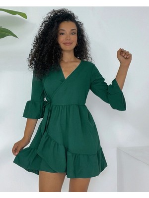 Moda Morfo Eteği Ve Kolları Fırfırlı Beli Lastikli Ayrobin Elbise  -Zümrüt