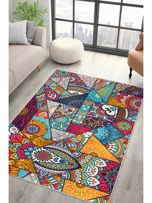 Lioara Home Renkli Mandala & Patchwork Desenli Dijital Baskı Halı | Modern Kaymaz Taban Salon Halısı