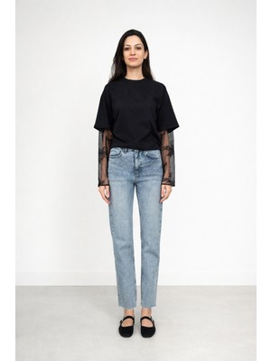 Iperia %100 Pamuk Kol Dantel Detaylı Modal Kumaş T-Shirt Siyah