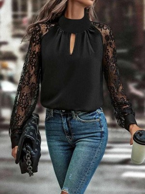 Pileli Store Pilelistore- Kadın Uzun Kollu Göğüs Pencere Detay Yaka Boğazlı Kolları Tüllü Sandy Bluz