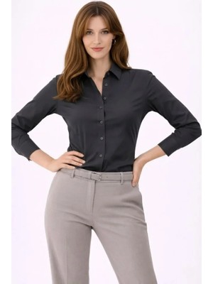 Pileli Store Uzun Kollu Gömlek Düğmeli Klasik Yaka Günlük ve Ofis Şıklığına Uygun - Füme