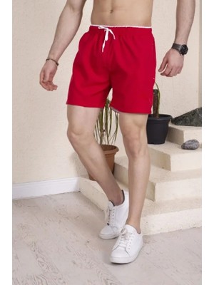 Pileli Store Erkek Deniz Şortu Fermuarlı Cepli File Astarlı - Kırmızı