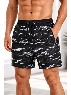 Pileli Store Erkek Deniz Şortu Fermuarlı Cepli File Astarlı Hızlı Kuruyan Premium - Siyah