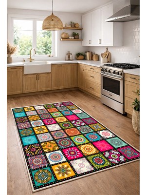 Lioara Home Renkli Mandala & Patchwork Desenli Dijital Baskı Halı | Modern Kaymaz Taban Salon Halısı