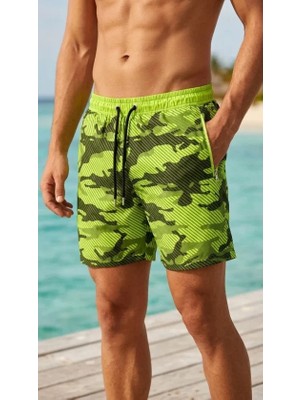 Pileli Store Erkek Deniz Şortu Fermuarlı Cepli File Astarlı Hızlı Kuruyan Premium - Neon Yeşili