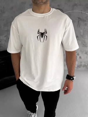 Pileli Store Pilelistore- Unisex Bisiklet Yaka Baskılı Oversize T-Shirt - Beyaz