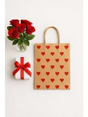Cekar Store Packolay Kırmızı Kalp Desenli Kraft Karton Çanta - 18X8X24 cm Hediyelik Paketleme 50 Adet