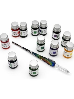 Cekar Store Gökkuşağı Cam Kalem Seti 12 Renk Mürekkep Hediyeli – Kristal Dip Pen Kaligrafi, Sanat ve Hobi Kalemi