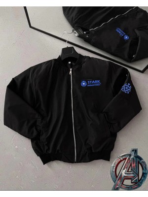 Asmedo Erkek Stark Industries Siyah Bomber Mont Fermuarlı Cepli Uzun Kollu Kapitone - Siyah